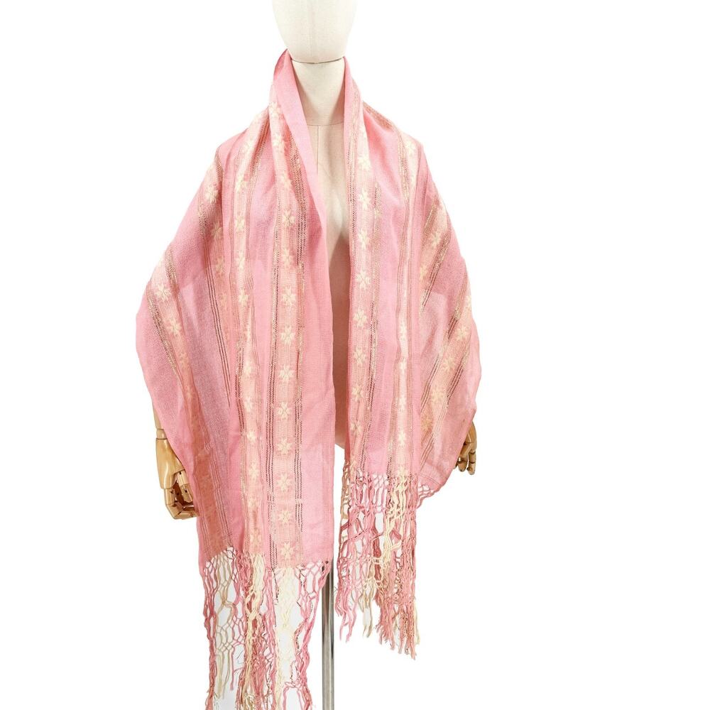 Pink Gold Metallic South American Woven Fringe Shawl Scarf